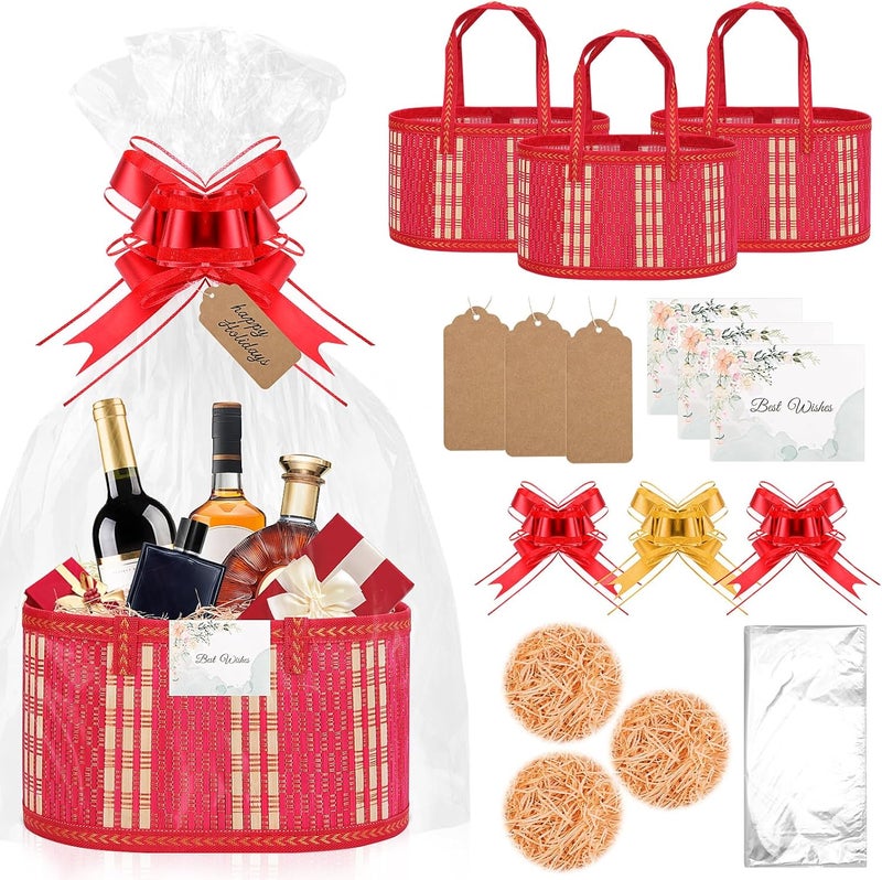 SelfTek 3 Pack Baskets for Gifts Empty, Woven Bamboo G-ift Basket Kit with Wrap Bags, Gift Card, Raffia and Pull Bows, Gifts Baskets for Birthday, Wedding, 30 x 20 x 15 cm-Red - Image 1